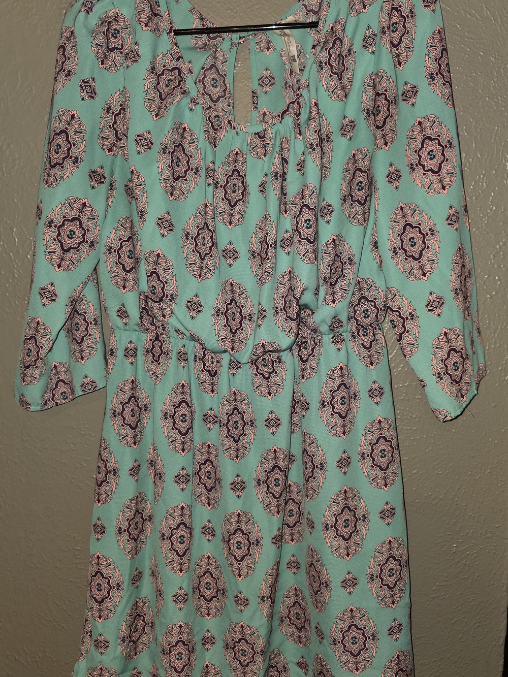 Pink Owl Boho Medallion 3/4 Sleeve Dress Mint Pink L